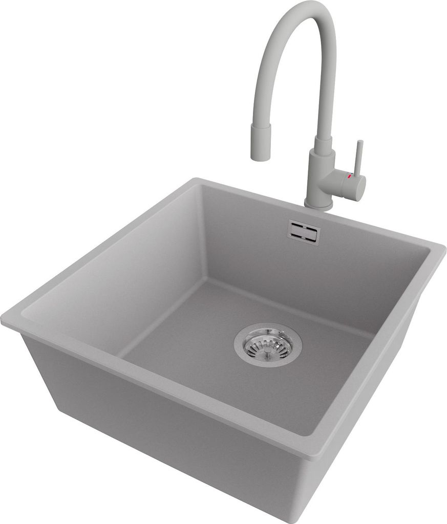 PRIMAGRAN Unterbauspüle Granit Grau 46x47cm, Spülbecken 1 Becken + Küchenarmatur 38x14cm + Ablauf-Set, Granitspüle ab 50er Unterschrank - London