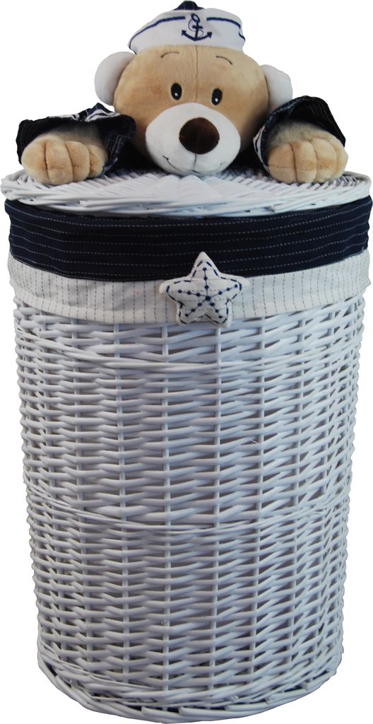 A white wicker laundry basket with a lid decorated with a plush bear wearing a sailor hat.