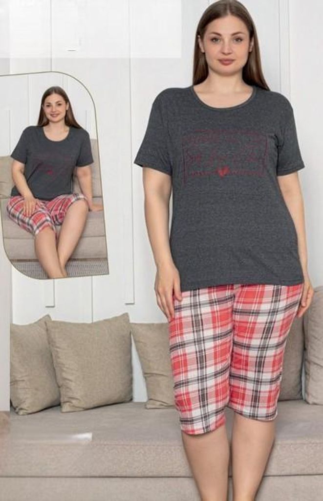 Damen Große Größen Pyjama Bermuda Grau XL Kurz Baumwolle 2 Produktbild 