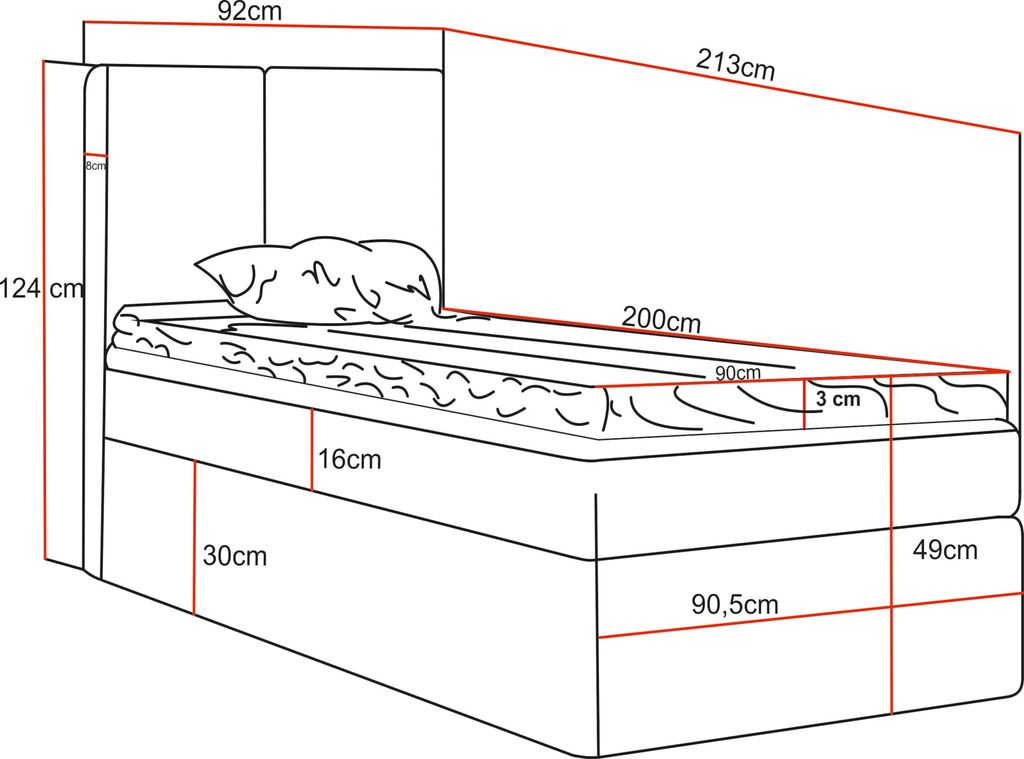 Boxspringbett Nero mit Bettkasten, 90x200, Farbe: Schwarz, Cordstoff, Doppelbett mit Bonell-Matratze inkl. Topper