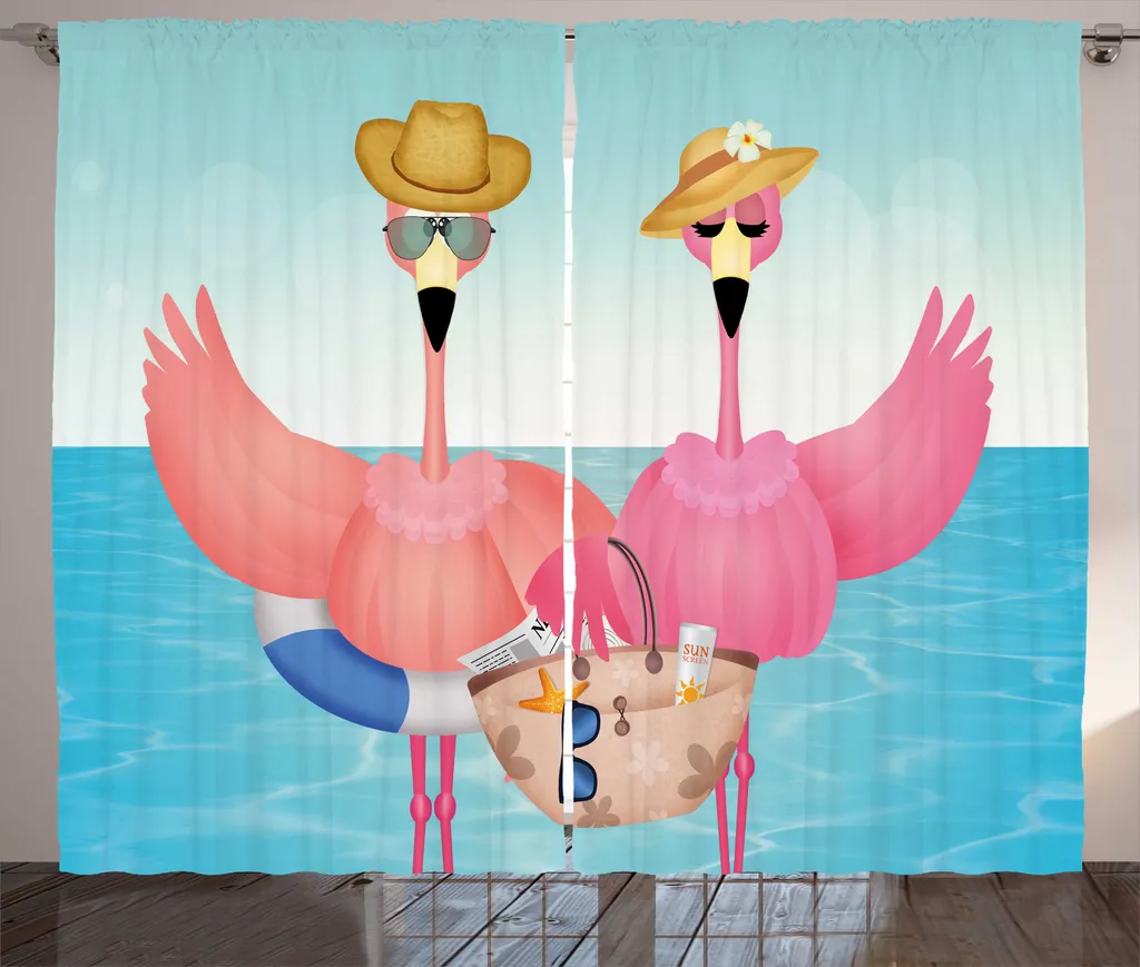 Rideau de Salon Tropical Imprimé Flamant Rose avec Crochets 280x225 cm