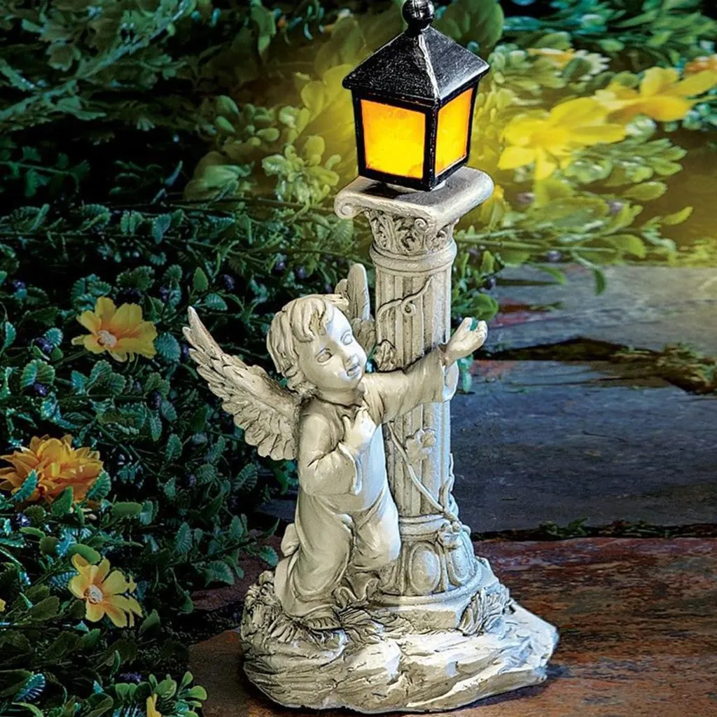 Statue ange solaire étanche en résine avec colonne romaine pour extérieur