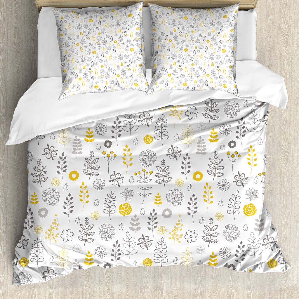 ABAKUHAUS Modern Bettbezug, Wild Forest Blatt Blumen, Milbensicher Allergiker geeignet mit Kissenbezügen, 155 cm x 220 cm - 80 x 80 cm, Grau Senf ...