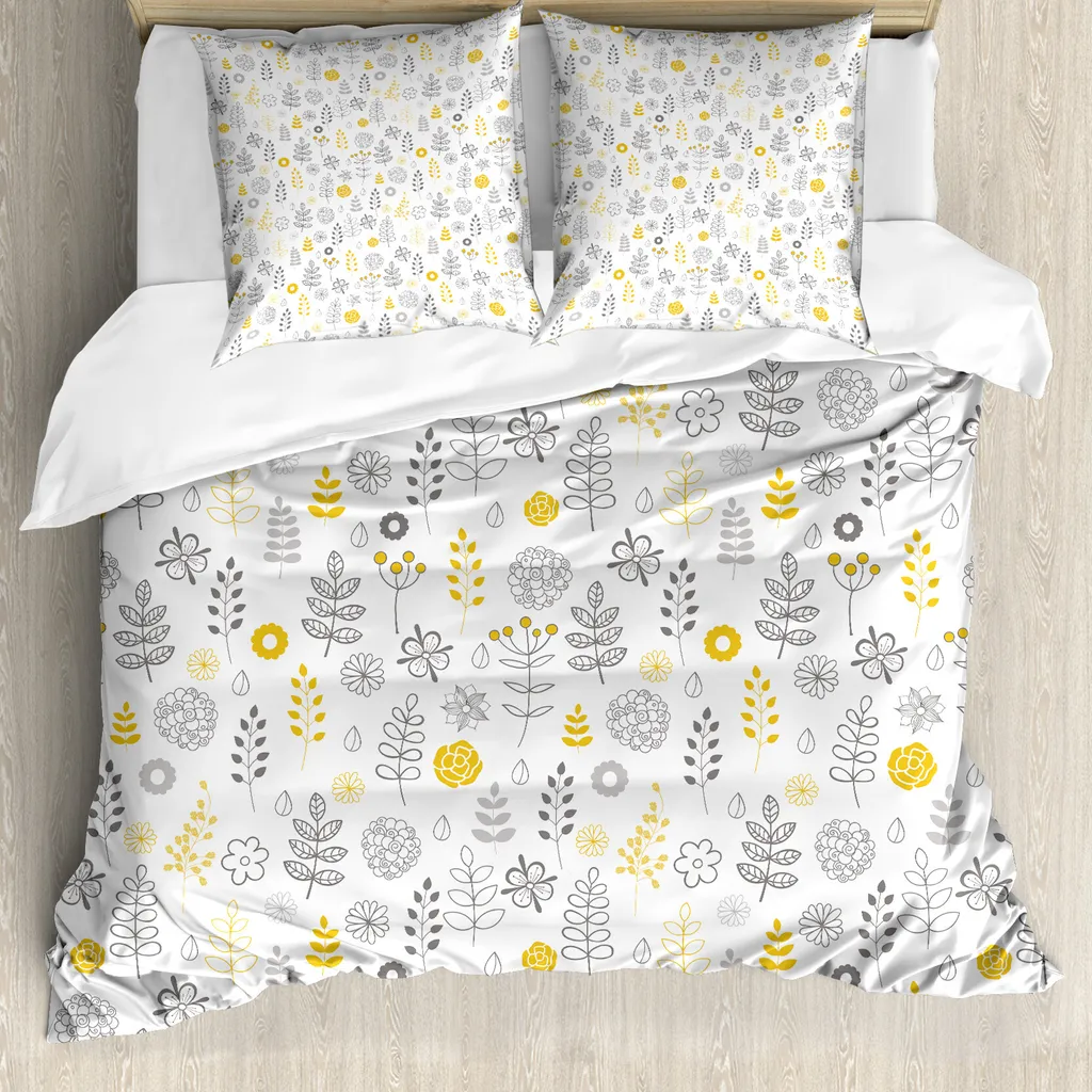 ABAKUHAUS Copripiumino moderno, Wild Forest Foglie e fiori, antiacaro, adatto a chi soffre di allergie, con federe, 155 cm x 220 cm - 80 x 80 cm, grigio senape bianco