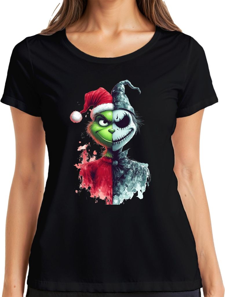 Grinch Jack Skellington Halb Gesicht Weihnachten Horror Vintage Damen T-Shirt, Schwarz, 3XL