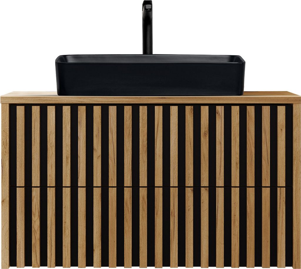 Waschtisch mit Unterschrank 100 cm und Keramik Waschbecken LUCCA-107 in Eiche Nb. mit Lamellenfront, B/H/T: ca. 100,4/73,5/45,5 cm