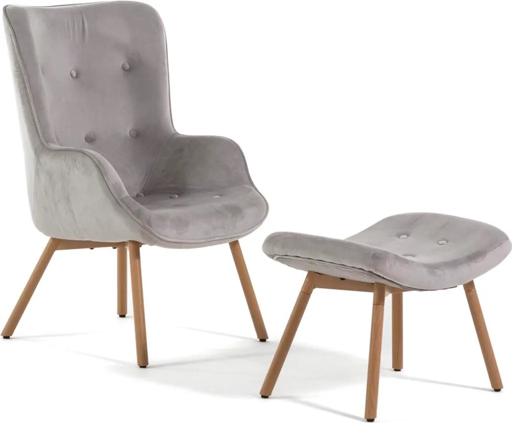 Fauteuil de lecture confortable en velours gris avec pouf assorti
