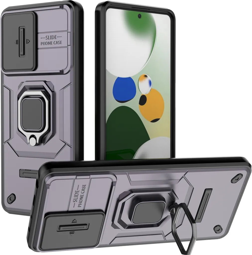 Custodia per Xiaomi Poco X5 Pro/Redmi Note 12 Pro 5G a doppio strato con protezione scorrevole della fotocamera e supporto ad anello, supporto Viola