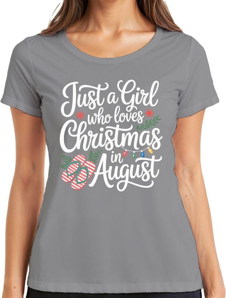 Just a Girl who loves Christmas in August summer flip flops gift Damen T-Shirt, Grau, L