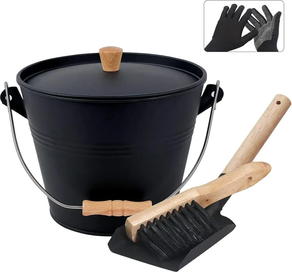 Secchio per cenere con coperchio 5L nero: secchio per carbone per caminetti, set di accessori con pala e scopa manuale