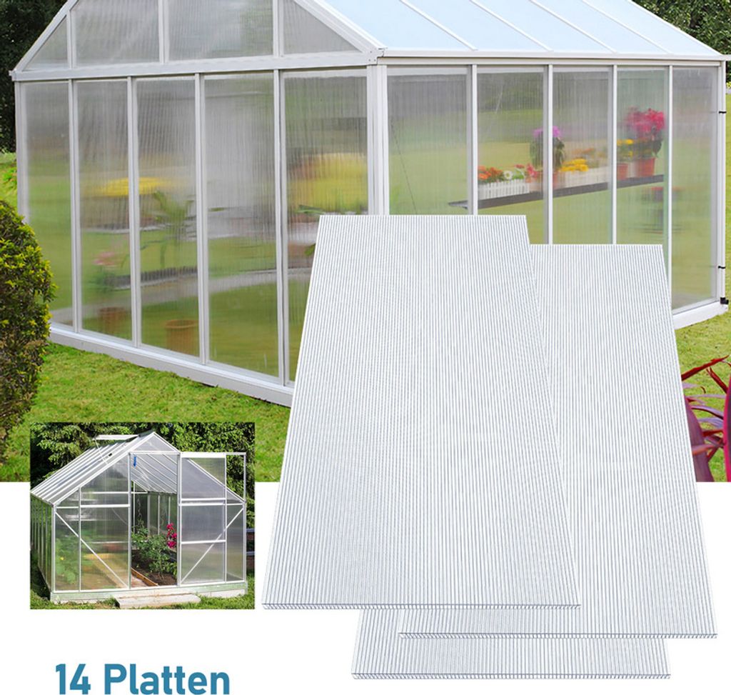 Fiqops Hohlkammerstegplatten 14-tlg. Doppelstegplatten Gewächshausplatten Stegplatten Stoßsicher UV-beständig 121x60,5 cm Polycarbonat Transparent