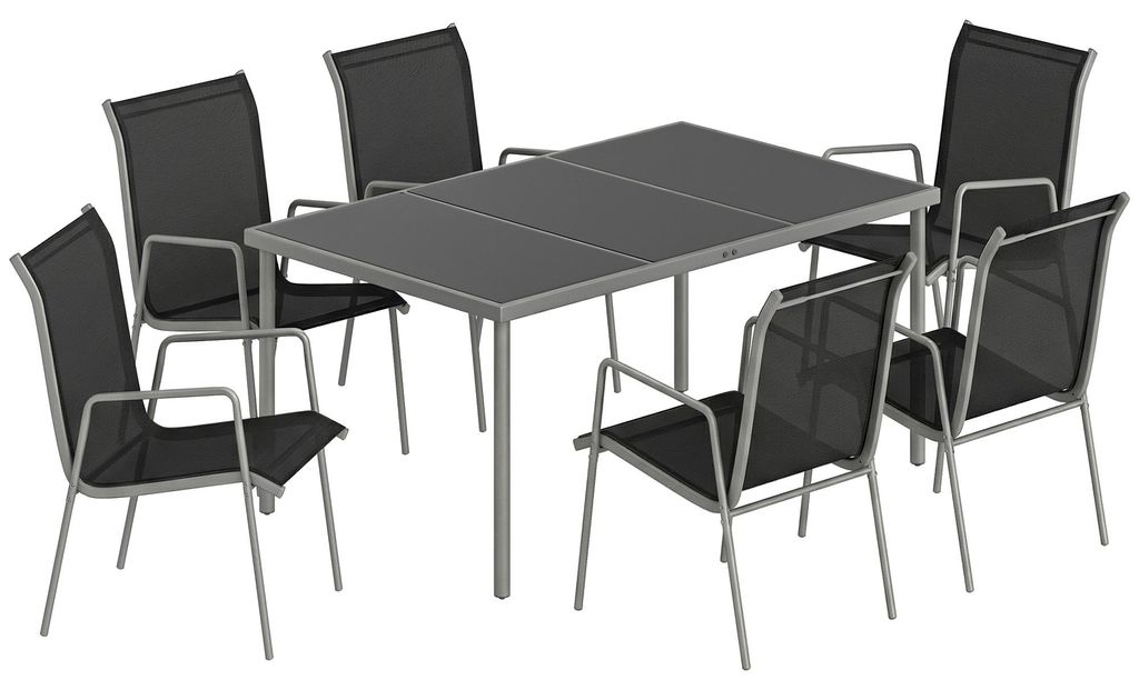 Gartenmöbel Set Sitzgruppe 150 x 90cm Tisch mit 6 Atmungsaktiven Stühlen Sicherheitsglas Tischplatte