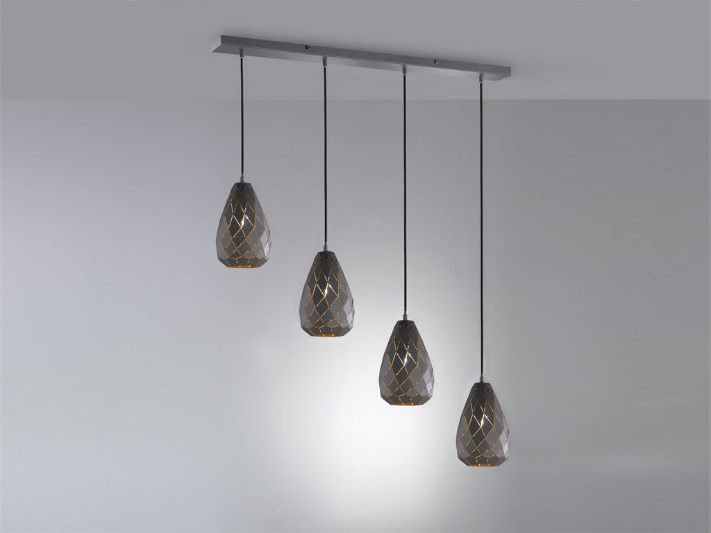 LED Balken Pendelleuchte 4 flammig Lasercut Muster Anthrazit innen Gold Esstisch