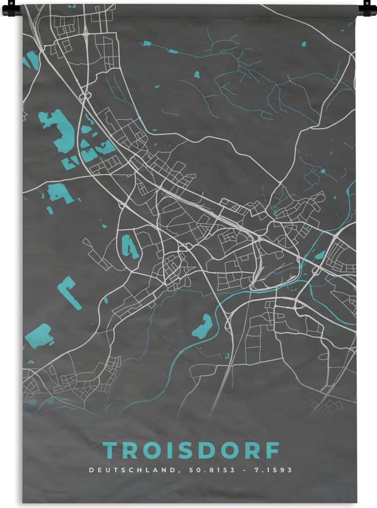 MuchoWow Wandteppich Wandbehang Deutschland - Blau - Troisdorf - Stadtplan - Karte 120x180 cm Tapisserie Dekoration Wandtuch - Schlafzimmer - Dek...