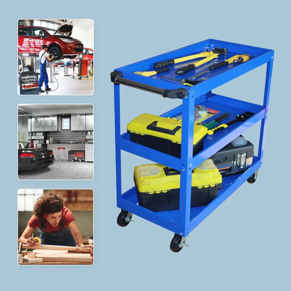 Chariot à outils 3 niveaux robuste avec roulettes multidirectionnelles