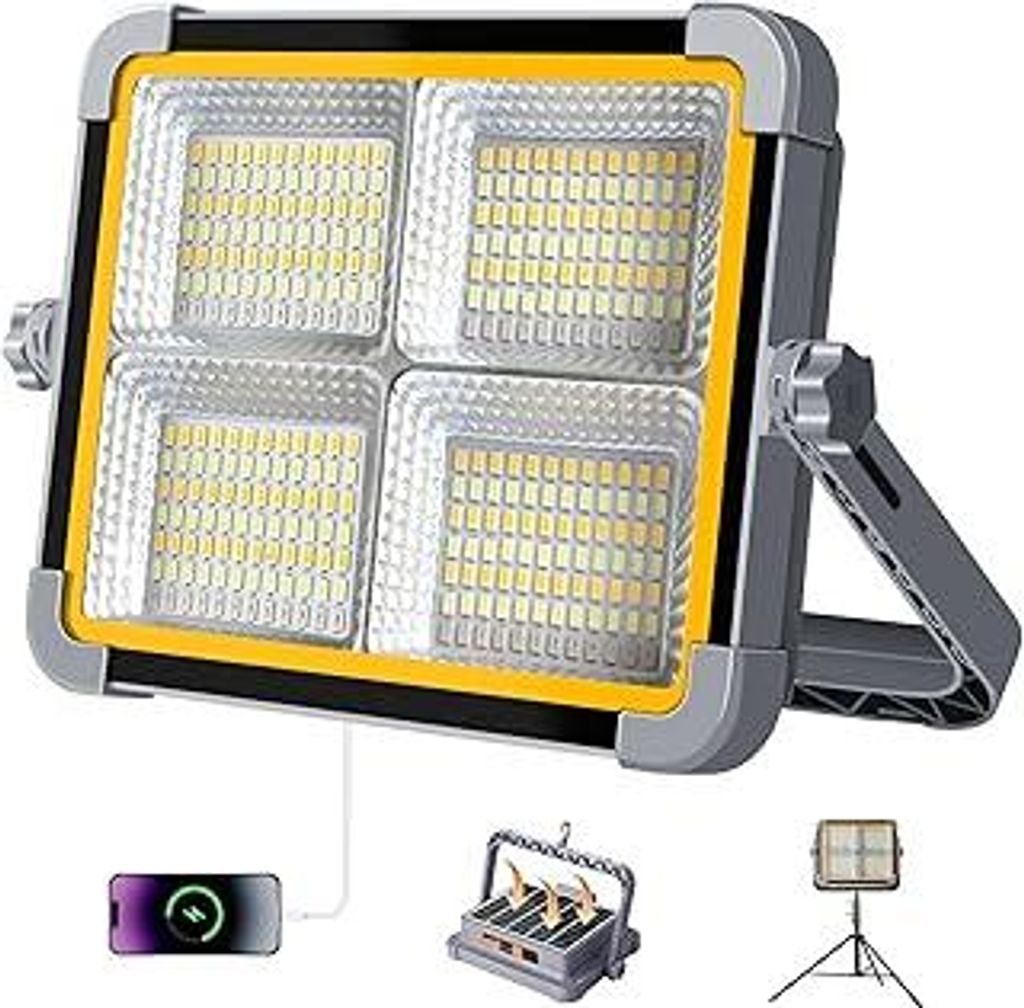 ERAY 150W Solar LED Baustrahler Akku mit 7800mAh - 336 LEDs, 4 Modi, 2 Lademethoden, Tragbarer Campinglampe und Arbeitsleuchte für Camping, Garage...