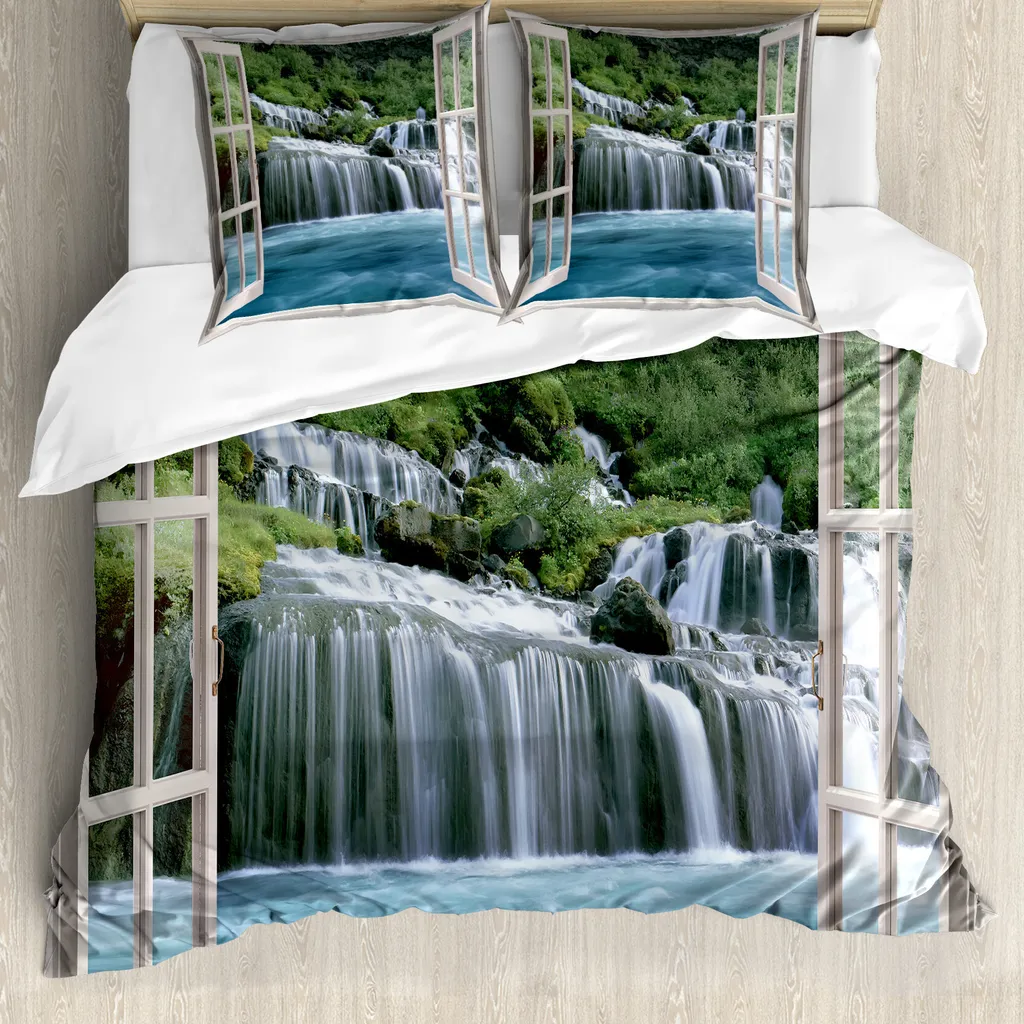 ABAKUHAUS Copripiumino Waterfall, Majestic Paradise, antiacaro, adatto a chi soffre di allergie, con federe, 155 cm x 220 cm - 80 x 80 cm, blu verde
