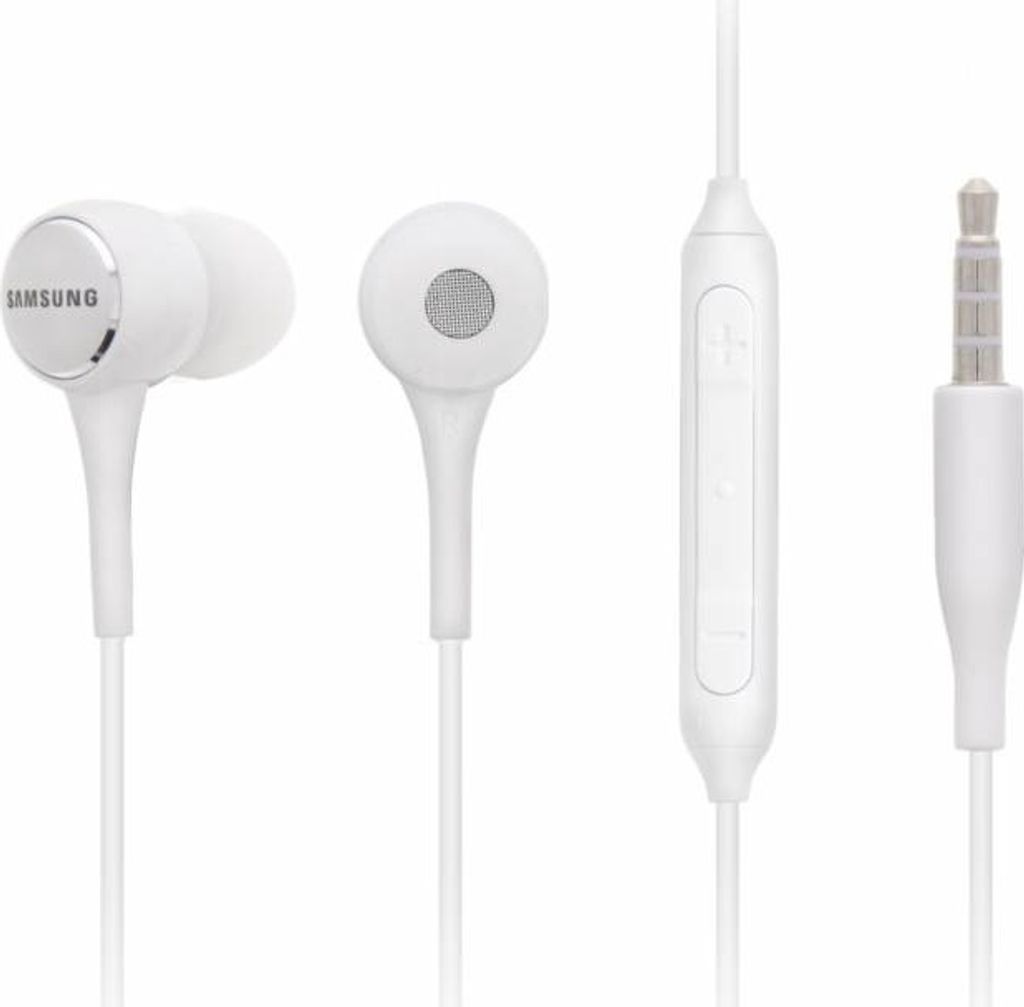 A white Samsung in-ear headset is displayed against a white background, showing the earbuds, the inline remote with volume controls, and the audio jack.