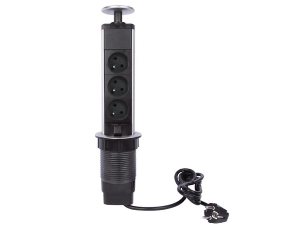 A pop-up power strip with three sockets and a cord, isolated on a white background.