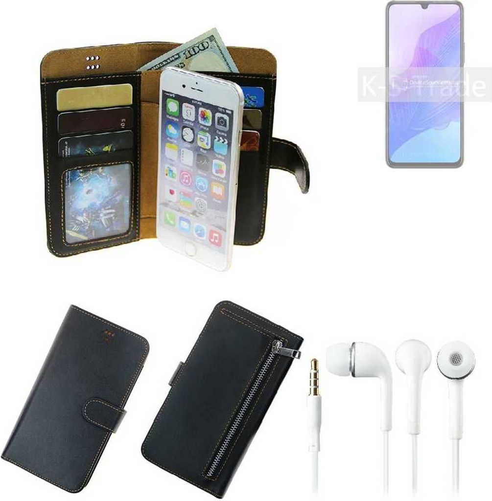 TOP SET Handy Hülle Schutz Hülle kompatibel mit Huawei Honor 30 Lite schwarz aus Kunstleder + Kopfhörer Smartphone Tasche vollwertige Geldbörse