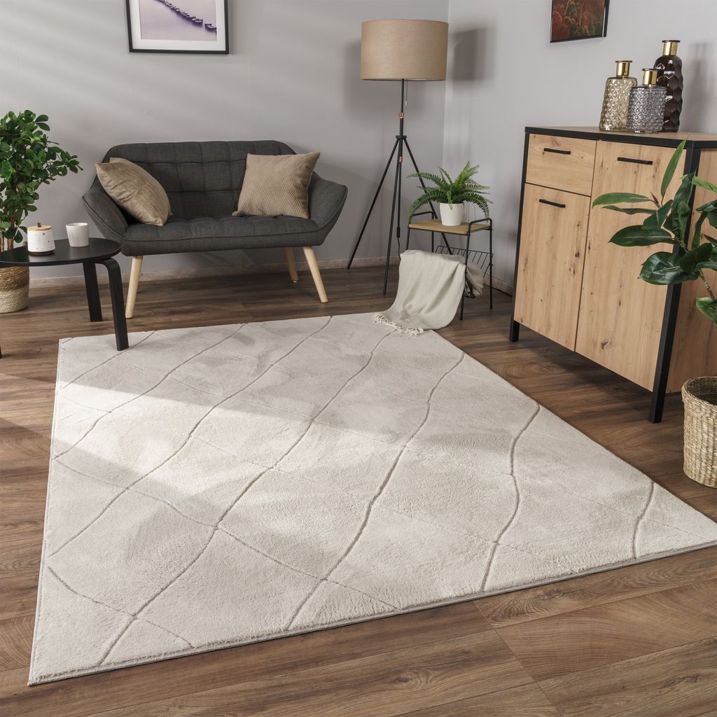 A living room scene featuring a rug, sofa, cabinet, and floor lamp.