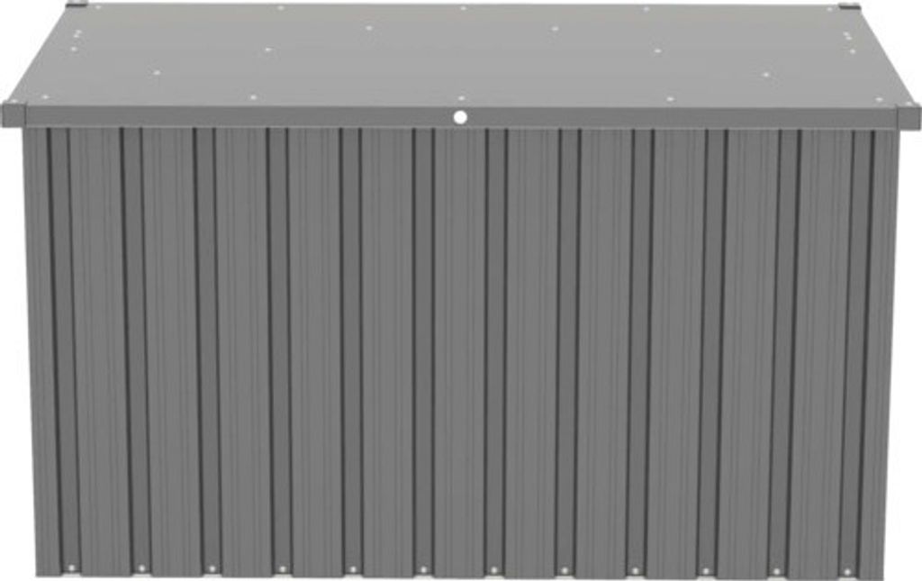 A front view of a gray metal storage box on a white background.