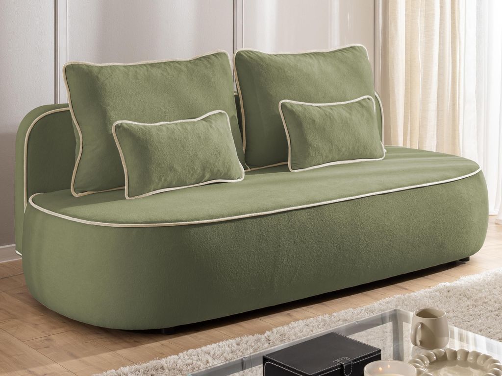 Vero - Modernes und abgerundetes 3-Sitzer-Kindersofa mit Schlaffunktion und Bettkasten aus Olivgrün Plüschstoff mit beiger Paspel