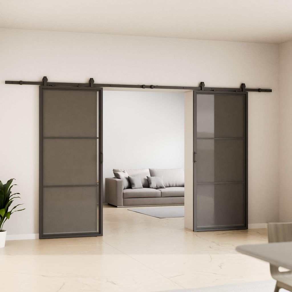 Loftschiebetür 2-flügelig 1800x2150 mm, Stahl schwarz mit Grauglas Einsatz, Komplettset inkl. offene Laufschiene und Softclose