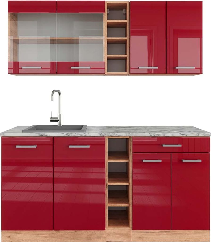 Singleküche Vicco R-Line Rot Hochglanz/Goldkraft Eiche 160 Produktbild 