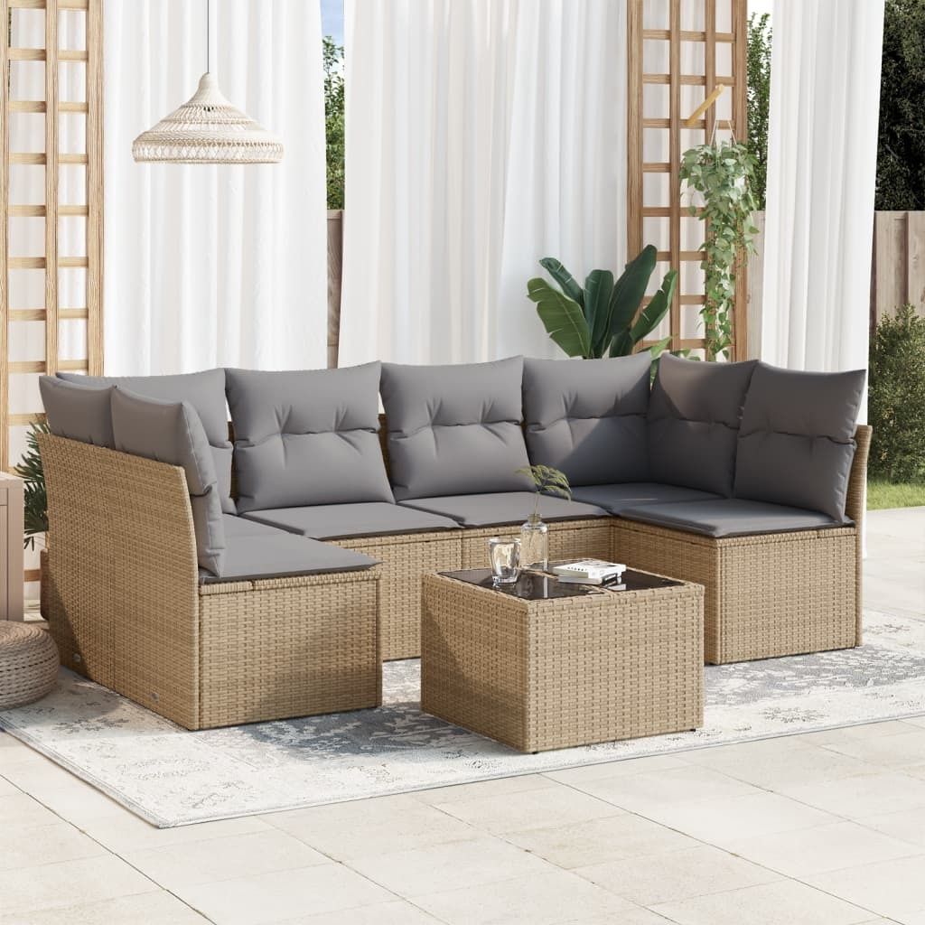 CLORIS 7-tlg. Garten-Sofagarnitur - mit Kissen - Beige Poly Rattan - Gartenmöbelgarnituren LL0000255311