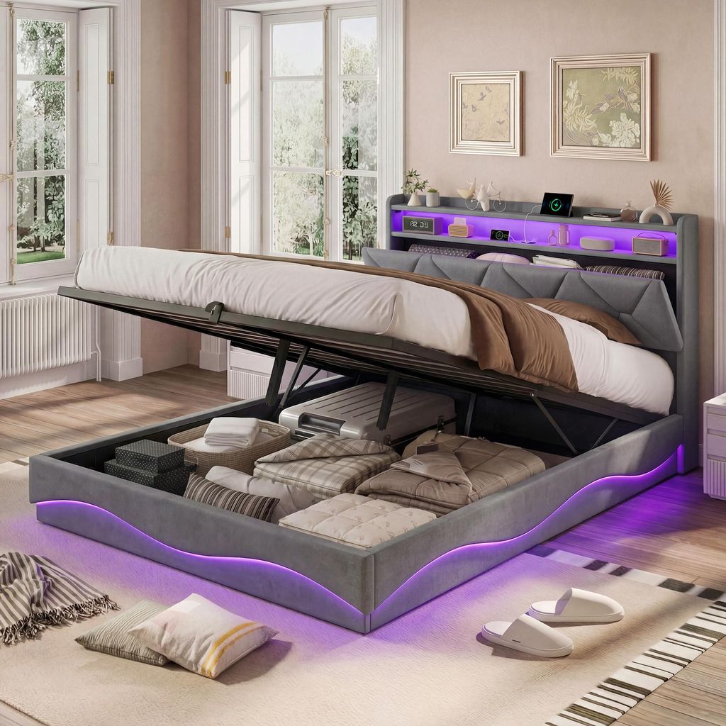 Bett 160x200cm Samt Grau, Hydraulischer Stauraum, LED RGB, USB/Type-C, Kopfteil mit Regal