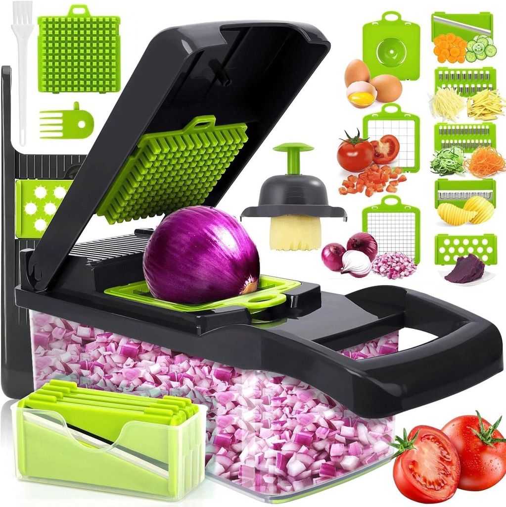Gemüseschneider, 16 in 1 Edelstahl Gemüse Schneider, Mandoline Gemüsehobel, Würfelschneider mit 7 Austauschbare Klingen