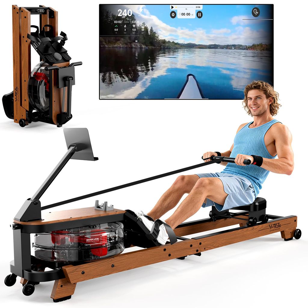 VOWVIT Holz-Rudergerät Eiche, klappbar, Wasserruder, Tablet-Halterung, App, bis 180 kg