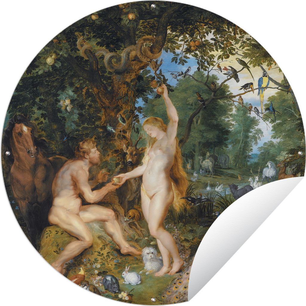 MuchoWow Gartenposter Outdoor-Poster Rund Das irdische Paradies mit dem Sündenfall von Adam und Eva - Gemälde von Peter Paul Rubens Ø 60 cm Ga...