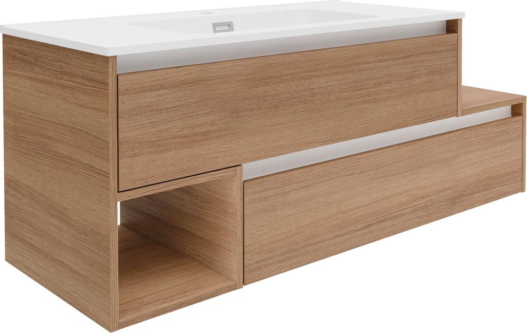 FACKELMANN VITA Waschbecken mit Unterschrank 129 cm, Braun Hell, Gussmarmor Weiß Matt, Asymmetrisch mit Ablage Rechts