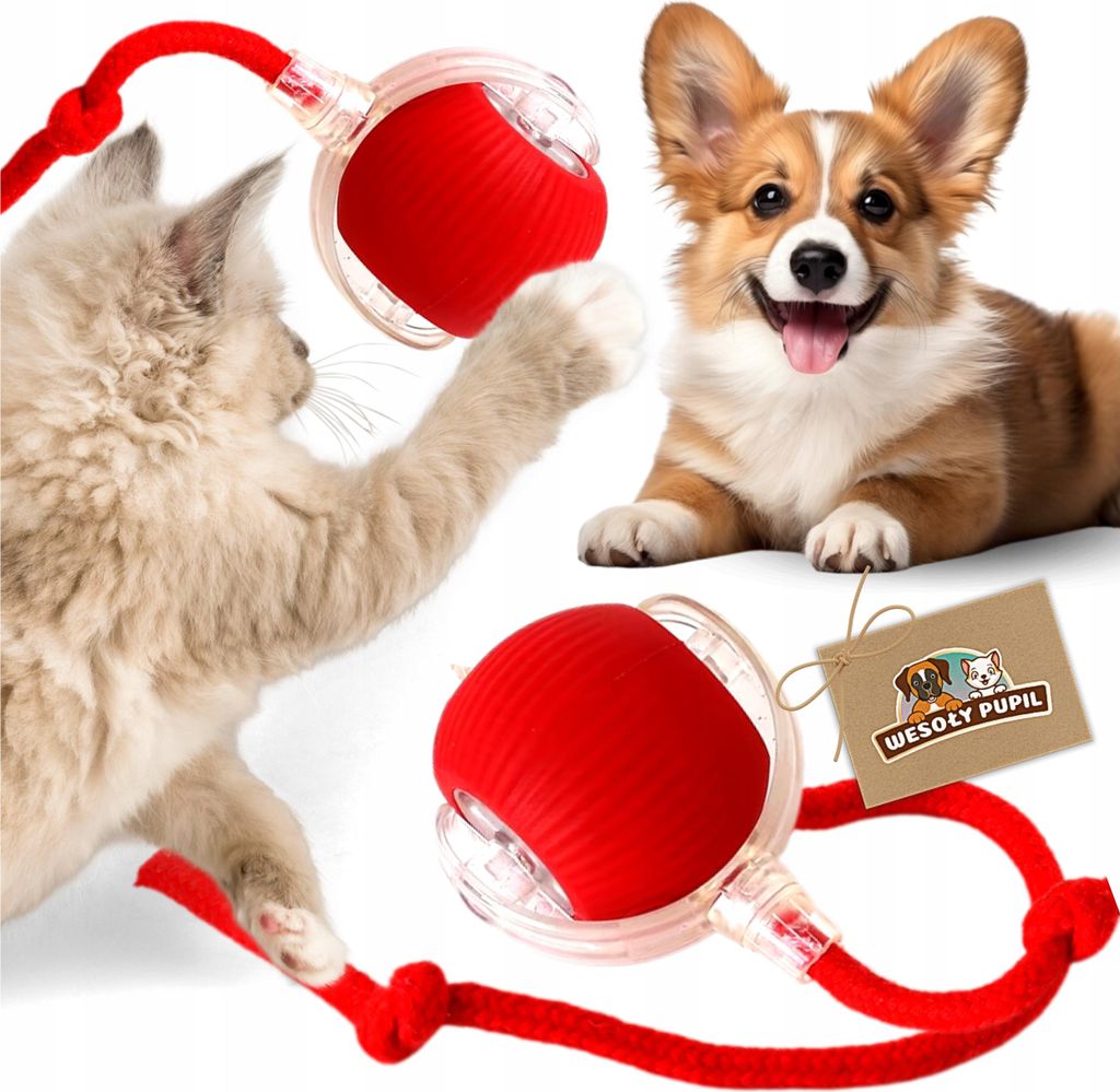 A cat playing with a toy and a corgi puppy lying down.