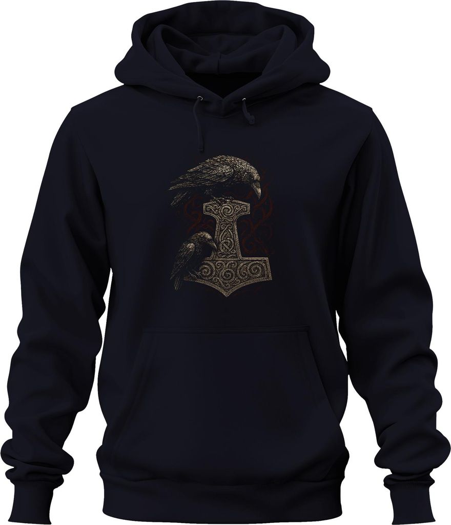 Thorshammer mit Raben nordische Mythologie Wikinger Runenkunst Uni Hoodie Kapuzenpullover, Navy, XL