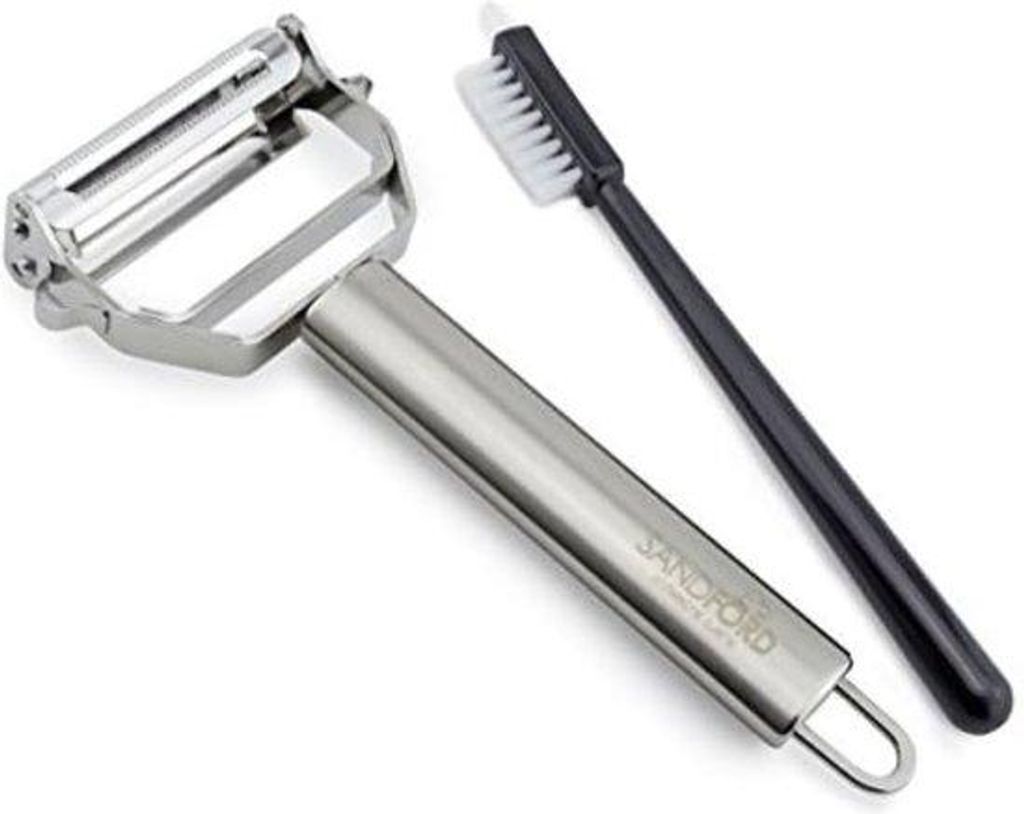 RVS-Vegemesser mit Strohmesser und Spiral-Schneidwerkzeug für Gemüse und Obst, inkl. Reinigungsbürste.