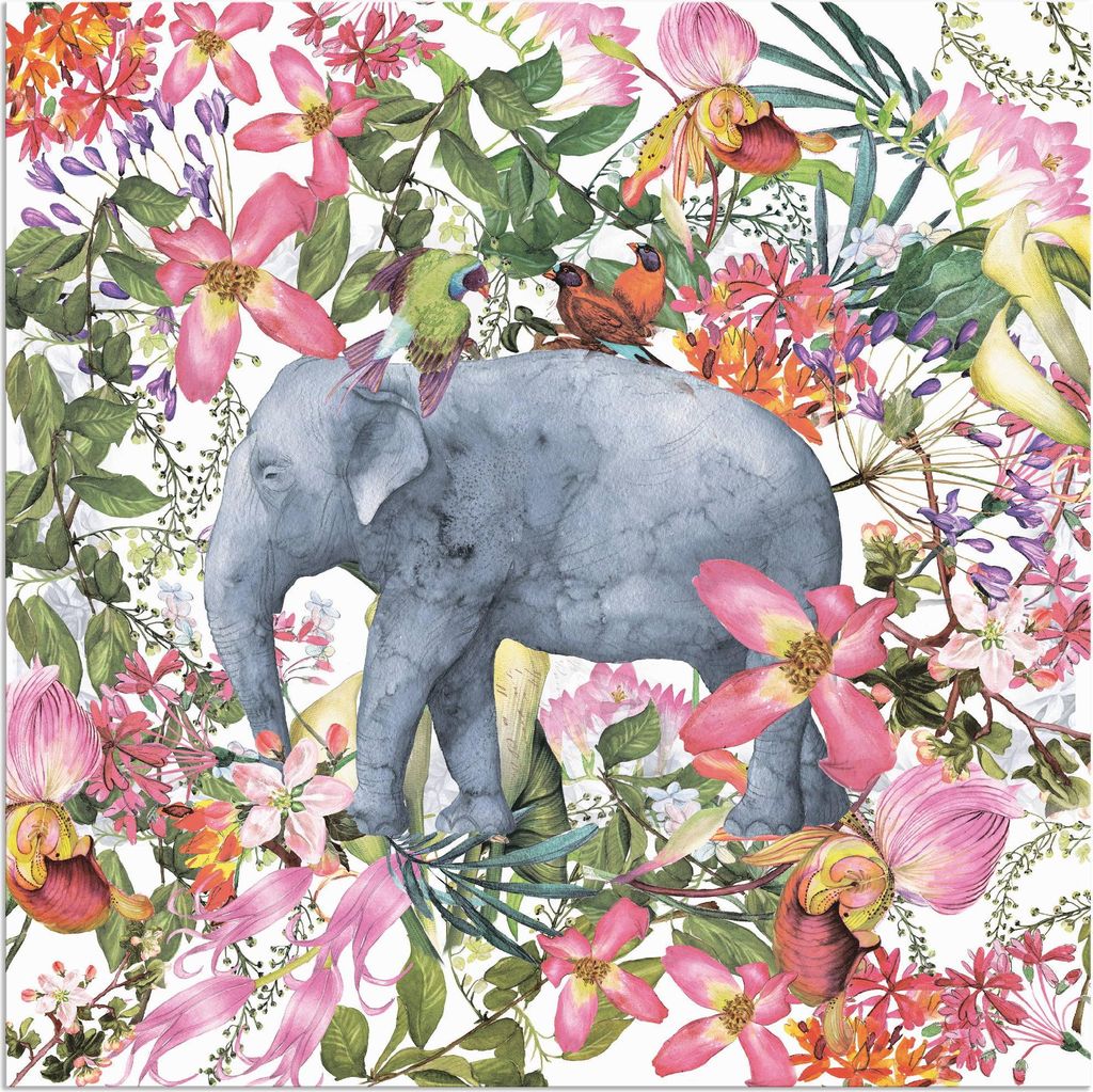 ARTland Wandbild Alu für Innen & Outdoor Elefant im Blüten Dschungel Größe: 70x70 cm