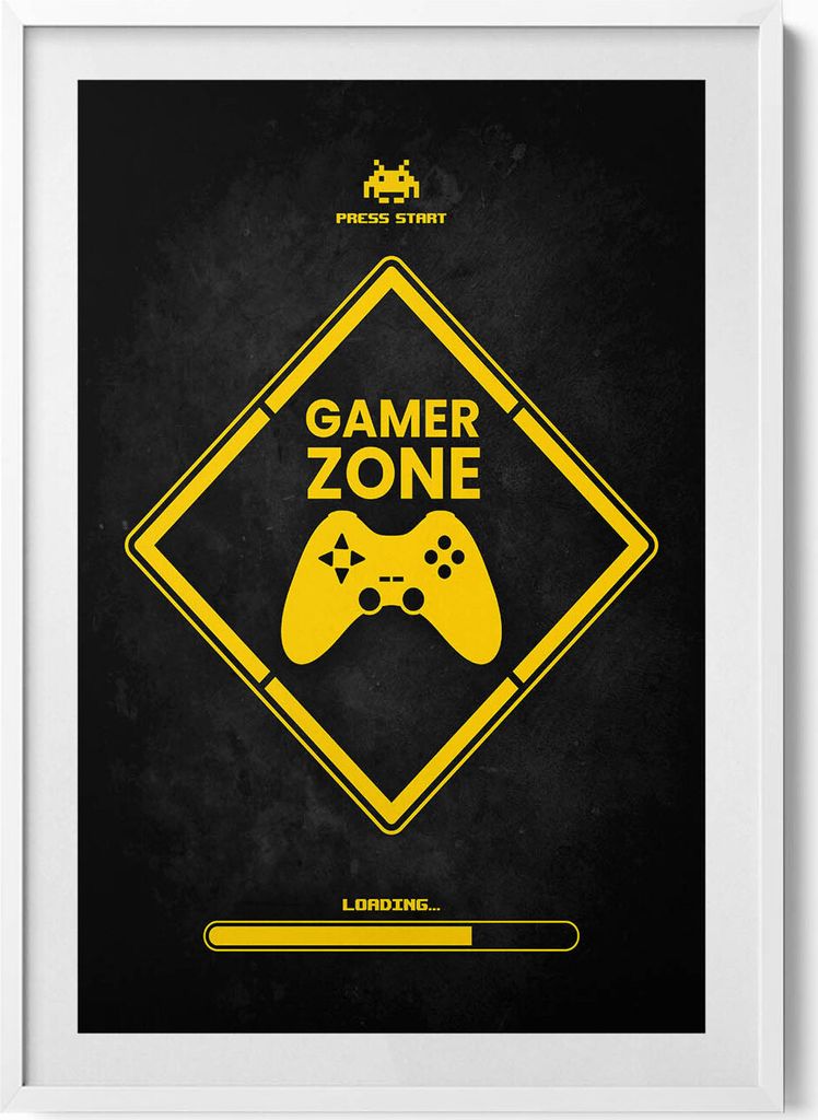 Beschriftung für Gamer-Zimmer „Gamer-Zone“– Wandbild mit Rahmen – Gerahmtes Bild – Wanddekoration – 70x100 cm – Weiß Rahmen