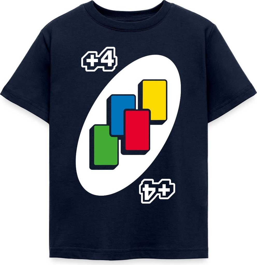 Spreadshirt UNO +4 Design Vier-Ziehen-Karte Kinder T-Shirt, 122/128 (7-8 Jahre), Navy