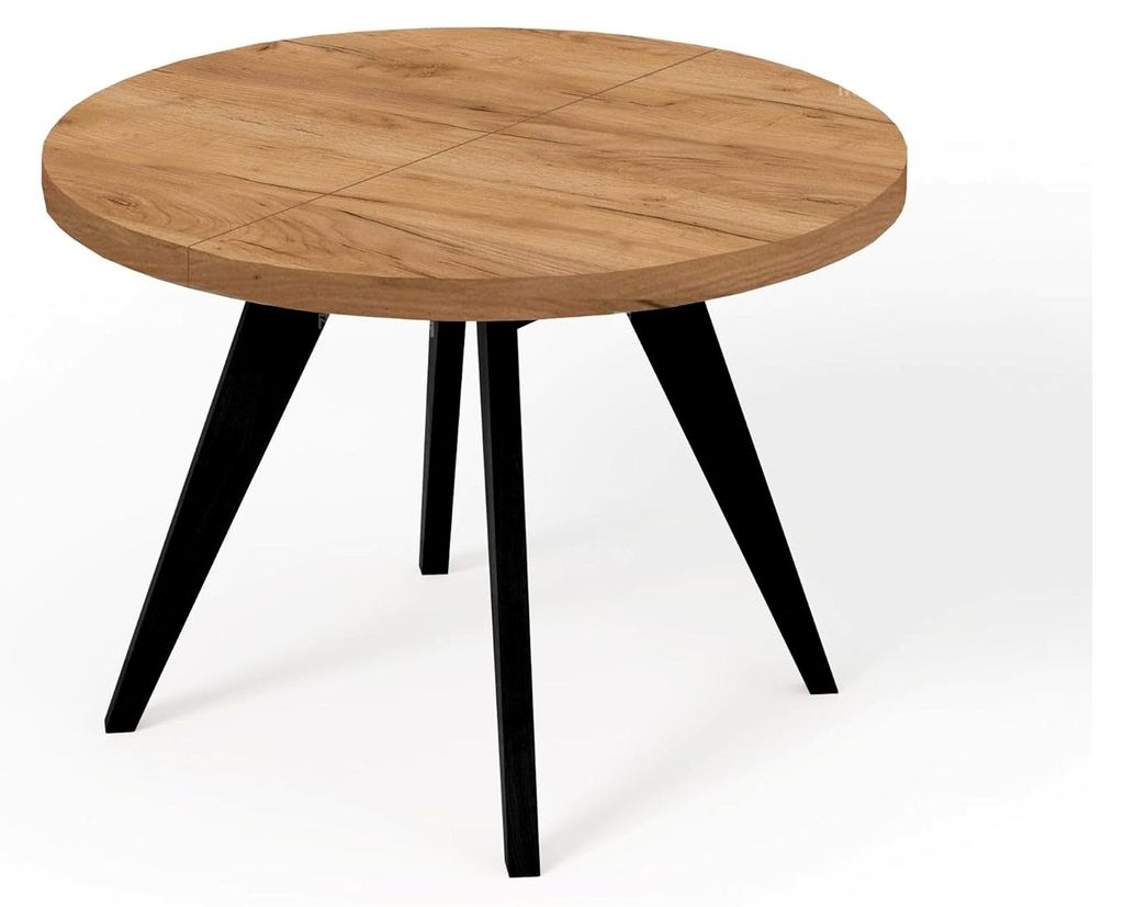 Runder ausziehbarer Esstisch mit Holzbeinen im Loft-Stil, skandinavisch, Durchmesser Varianten: von 90 bis 220 cm (Eiche Craft Golden/Schwarz, Durc...