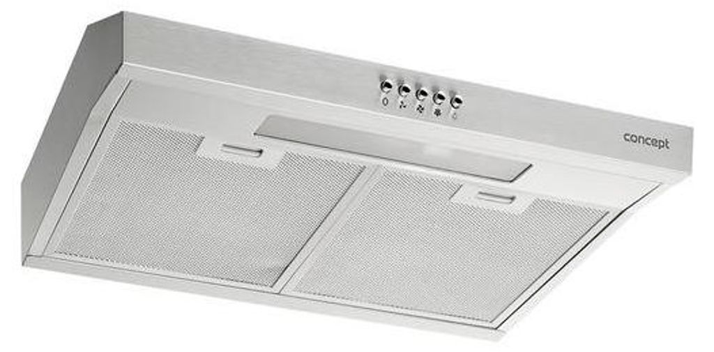 A silver kitchen range hood is shown against a white background.
