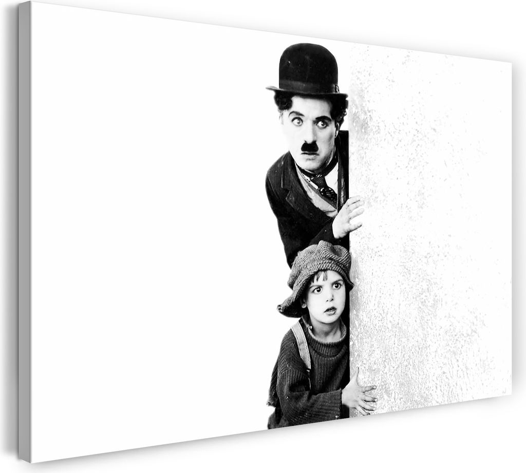 Leinwandbild (60x40cm): Charlie Chaplin und kleines Kind hinter weißer Mauer-Wand, echter Holz-Keilrahmen inkl. Aufhänger, handgefertigt in Deuts...
