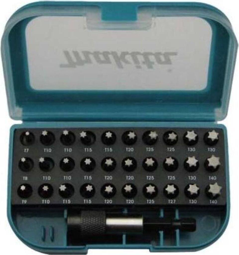 A teal and black bit set case with various star-shaped bits inside.