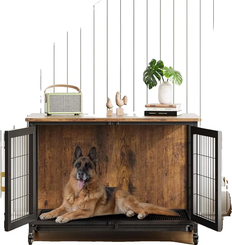 Cage d'intérieur pour chien type meuble en bois massif et acier de 95cm