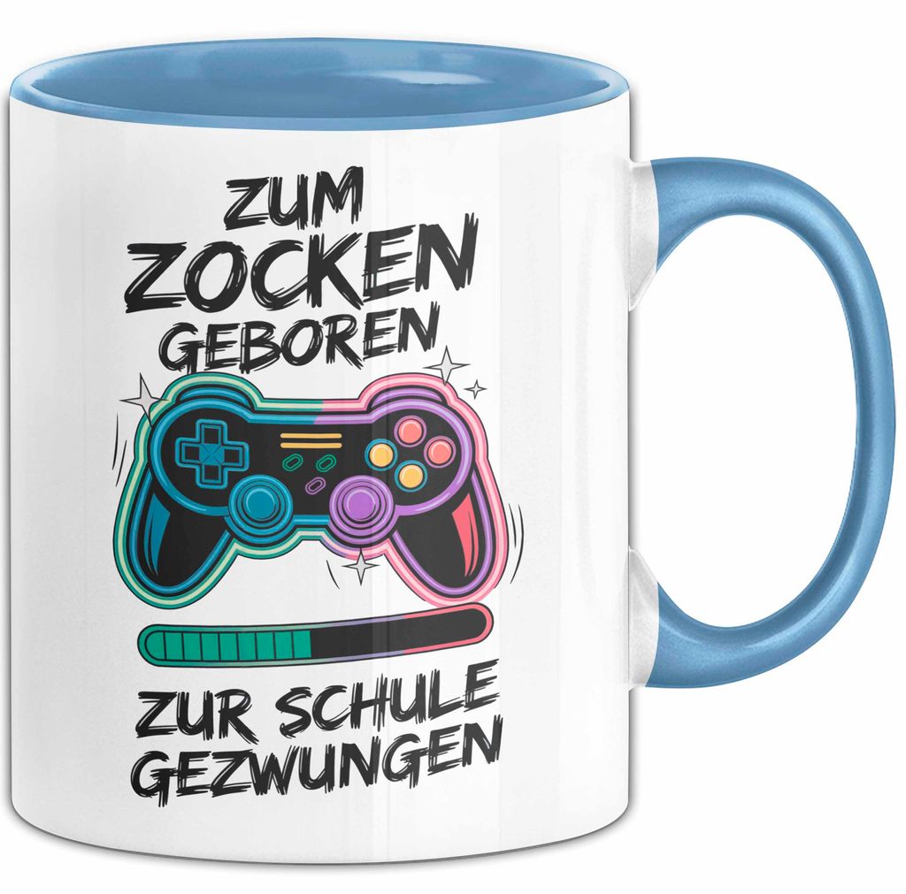 Gamer Gaming Liebhaber Tasse Geschenk Lustige Geschenkidee Spruch Zum Zocken Geboren Zur Schule Gezwungen (Blau)