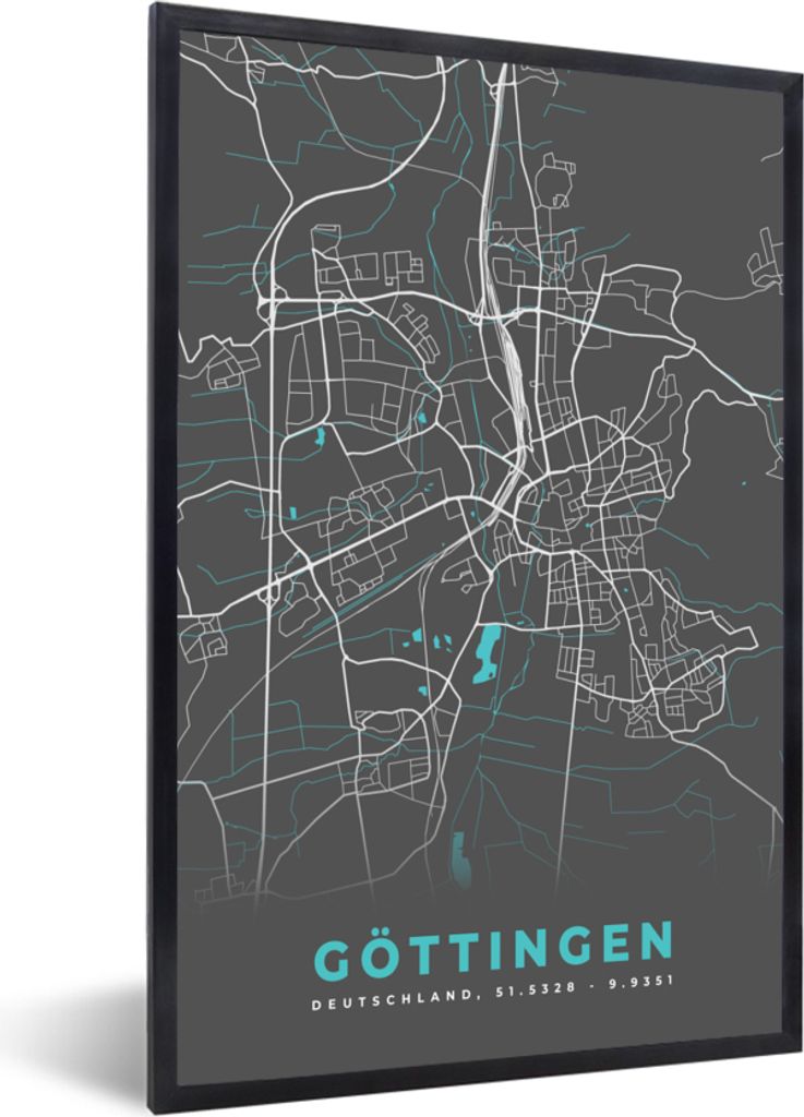 MuchoWow Gerahmtes Poster Karte - Stadtplan - Göttingen - Deutschland - Blau 20x30 cm - Poster mit Schwarzem Bilderrahmen Wandposter Rahmen Foto...