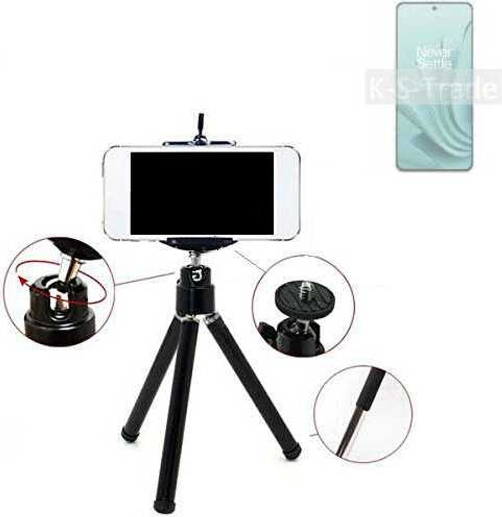 K-S-Trade Smartphone Stativ Dreibein kompatibel mit OnePlus Ace 2V Tripod aus Aluminium Klemmstativ Stativ Adapter für Mobiltelefone schwarz 1x