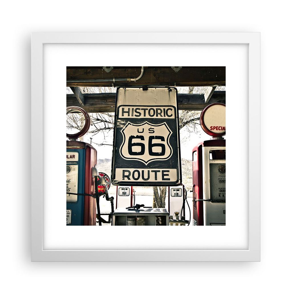 Gerahmtes Poster - Weißer Rahmen - Straße alt 66 USA - 30x30 cm - Wand Bild - Wanddeko - Wandbilder - Kunstposter - Wandposter - Bilderrahmen - B...